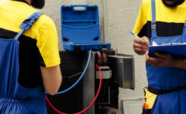 Professional worker using manifold indicators to read pressure of liquids and gases in hvac system while qualified electrician writes outdoor condenser inspection and safety check results on clipboard