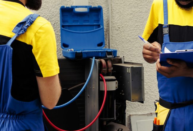 Professional worker using manifold indicators to read pressure of liquids and gases in hvac system while qualified electrician writes outdoor condenser inspection and safety check results on clipboard