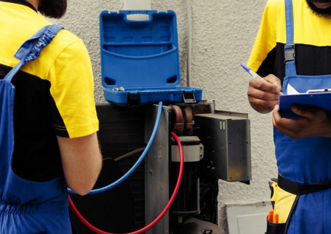 Professional worker using manifold indicators to read pressure of liquids and gases in hvac system while qualified electrician writes outdoor condenser inspection and safety check results on clipboard