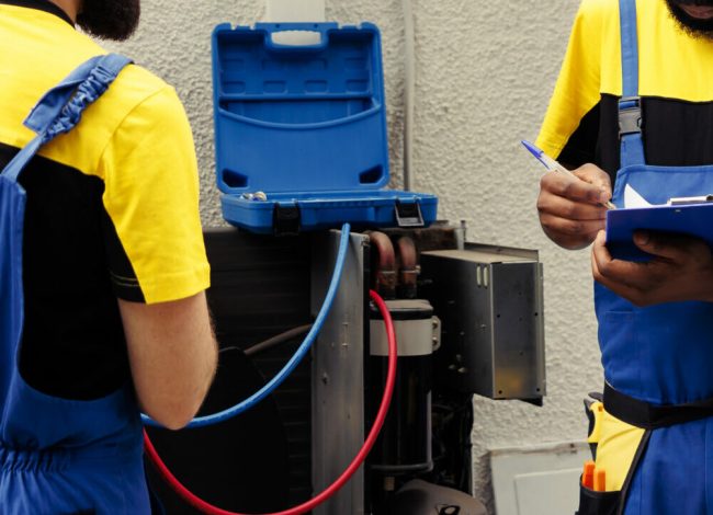 Professional worker using manifold indicators to read pressure of liquids and gases in hvac system while qualified electrician writes outdoor condenser inspection and safety check results on clipboard