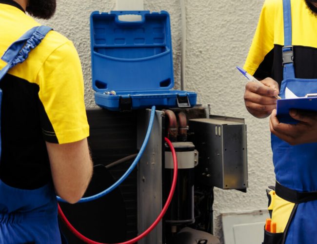 Professional worker using manifold indicators to read pressure of liquids and gases in hvac system while qualified electrician writes outdoor condenser inspection and safety check results on clipboard