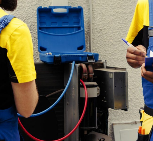 Professional worker using manifold indicators to read pressure of liquids and gases in hvac system while qualified electrician writes outdoor condenser inspection and safety check results on clipboard